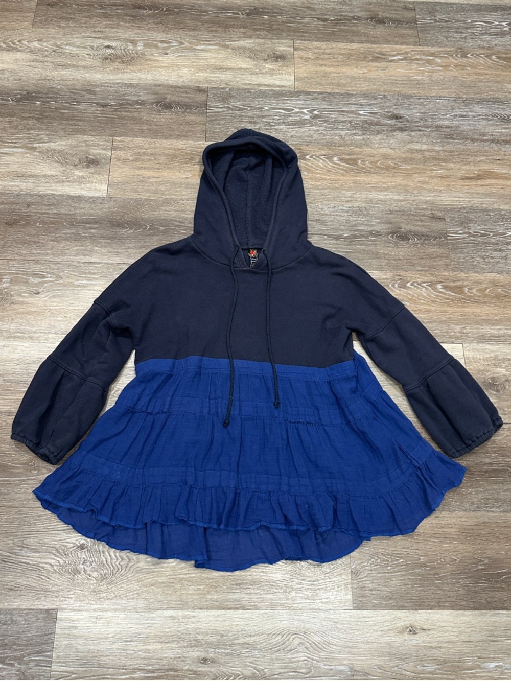 Free People Navy Hoodie with Blue Tiered Bottom